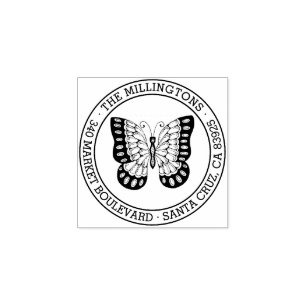 Butterfly   Round Family Name Return Address Rubber Stamp