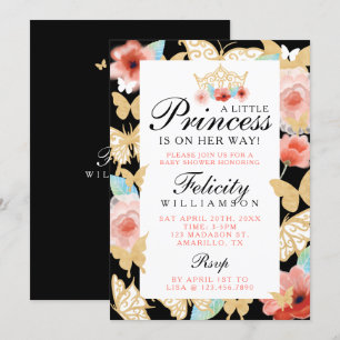 Butterfly Royal Floral Crown Black Gold Invitation