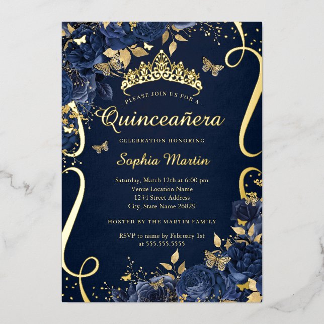 Butterfly Royal Navy Flower Gold Quinceanera (Front)