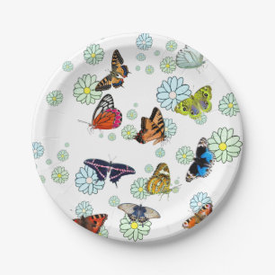 Butterfly’s Flying Over Blue Green Daisys Paper Plate