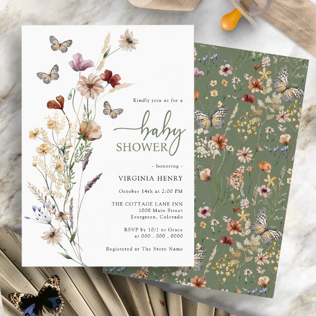 Butterfly Sage Green Baby Shower Invitation (Boho Wildflowers Butterfly Sage Green Baby Shower Invitation by Painted Paperie)