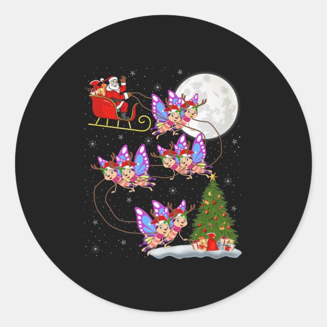 Butterfly Santa Sleigh Flying Funny Magical Christ Classic Round Sticker (Front)