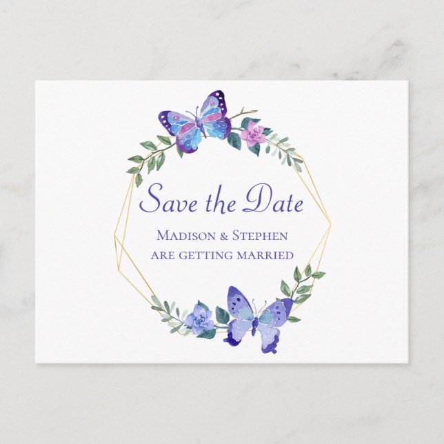 Butterfly Save The Date Butterflies Floral Blue Postcard (Front)