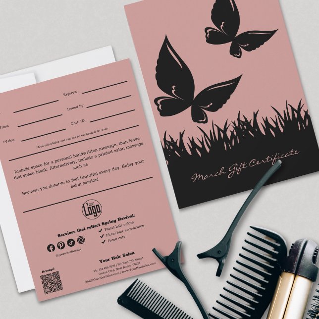 Butterfly Scissors Cut Stylist Gift Certificate (Modern Hairstylist March Gift Certificate, Pink and Black, Butterfly Silhouettes)