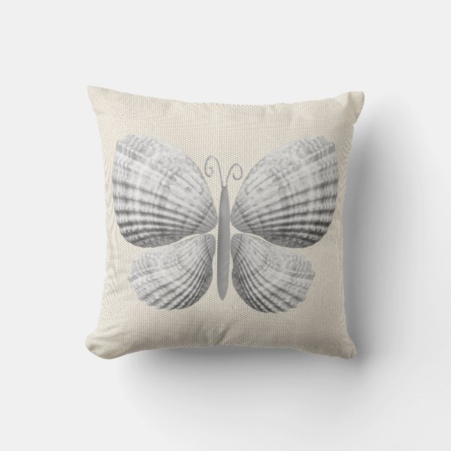 Butterfly Seashells  White Warm Neutral Cottage Cushion (Front)