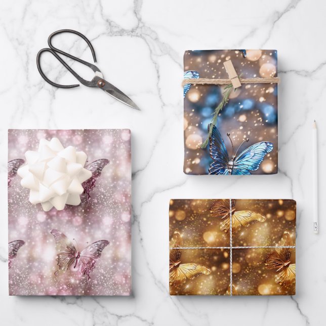 Butterfly shimmer pink blue gold glitter shine wrapping paper sheet (Front)