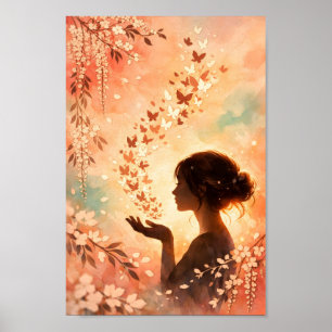 Butterfly Silhouette Floral Girl Peach Watercolor Poster