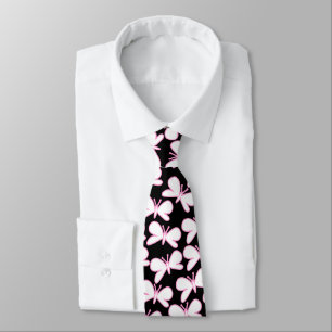 Butterfly Silhouettes - White with Pink on Black Tie