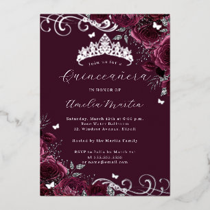 Butterfly Silver Burgundy Floral Quinceanera  