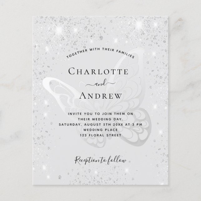 Butterfly silver glitter wedding budget invitation flyer (Front)