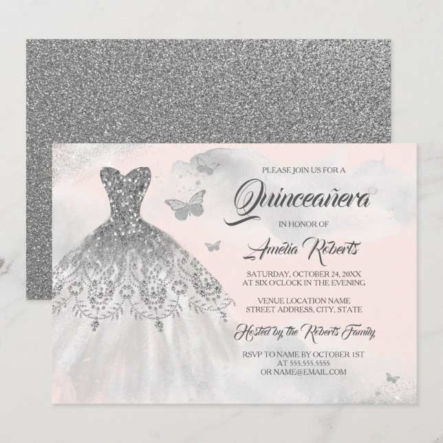 Butterfly Silver Pink Dress Watercolor Quinceanera Invitation (Front/Back)