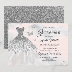 Butterfly Silver Pink Dress Watercolor Quinceanera Invitation
