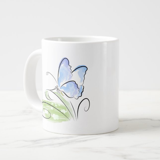 Butterfly sitting on grass over flower field large coffee mug (Front Left)