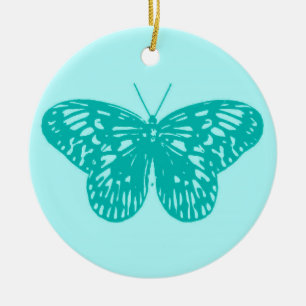 Butterfly sketch, aqua and turquoise ceramic tree decoration