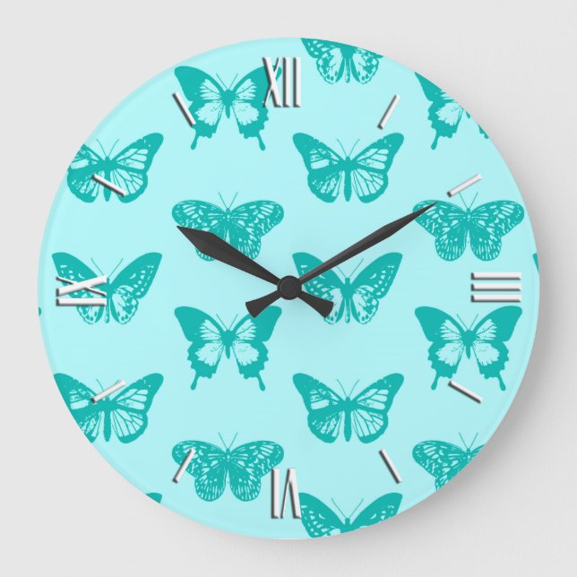 Butterfly sketch, aqua and turquoise large clock (Front)