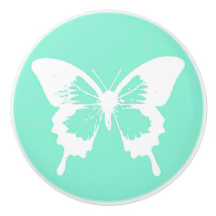 Butterfly sketch, aqua and white ceramic knob
