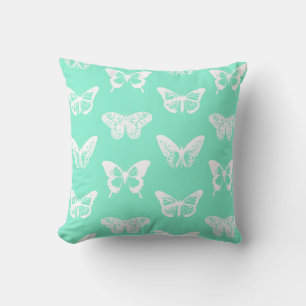 Butterfly sketch, aqua and white cushion
