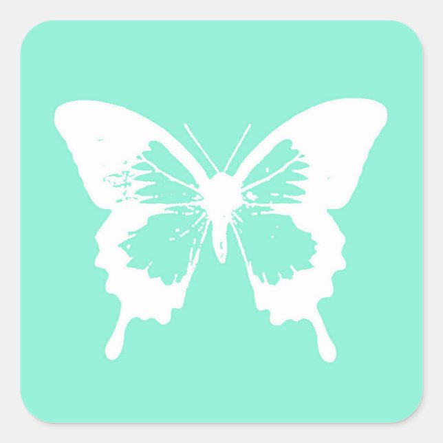 Butterfly sketch, aqua and white square sticker (Front)