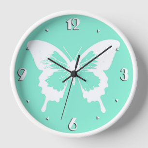 Butterfly sketch, aqua and white wall clock
