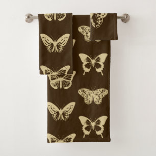 Butterfly sketch, beige on chocolate brown bath towel set