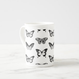 Butterfly sketch, black and white bone china mug