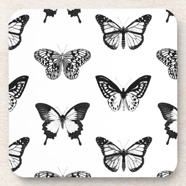 Butterfly sketch, black and white coaster (Front)