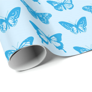 Butterfly sketch, cerulean and sky blue wrapping paper