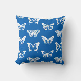 Butterfly sketch, cobalt blue and white cushion