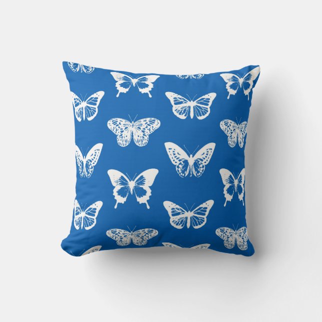 Butterfly sketch, cobalt blue and white cushion (Front)