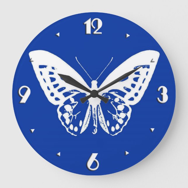 Butterfly sketch, cobalt blue and white large clock (Front)