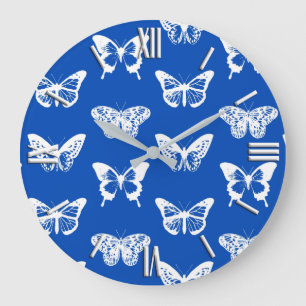 Butterfly sketch, cobalt blue and white large clock