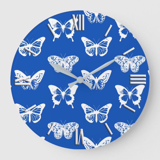Butterfly sketch, cobalt blue and white large clock (Front)