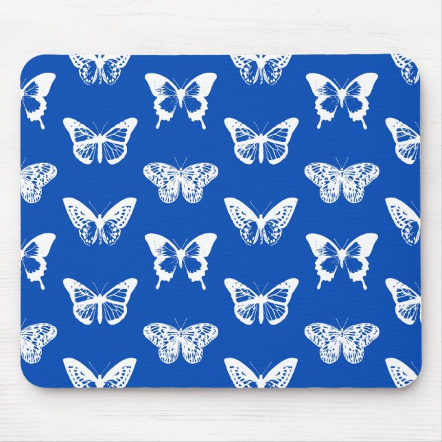 Butterfly sketch, cobalt blue and white mouse mat (Front)