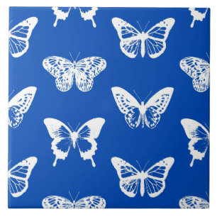 Butterfly sketch, cobalt blue and white tile