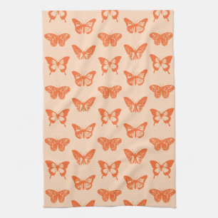 Butterfly Sketch, Coral and Pastel Orange Tea Towel