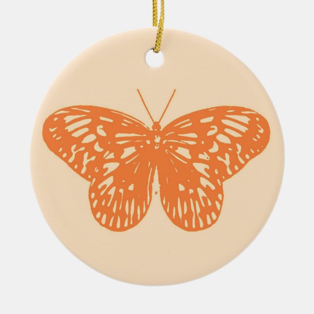 Butterfly sketch, coral orange ceramic tree decoration (Front)
