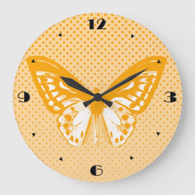 Butterfly sketch, coral orange large clock (Front)