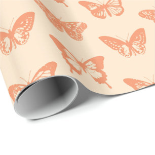 Butterfly sketch, coral orange wrapping paper