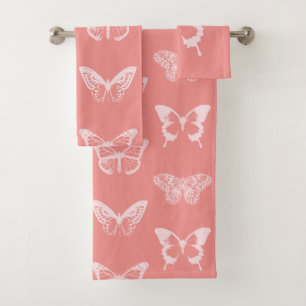 Butterfly sketch, coral pink bath towel set