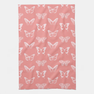 Butterfly Sketch, Deep Coral Pink Tea Towel