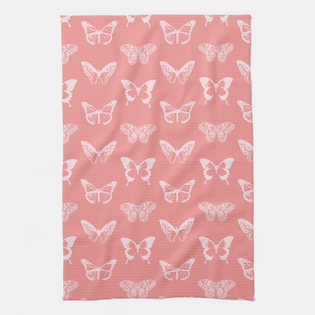 Butterfly Sketch, Deep Coral Pink  Tea Towel (Vertical)