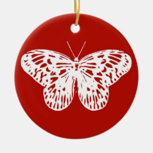Butterfly sketch, deep red and white ceramic tree decoration