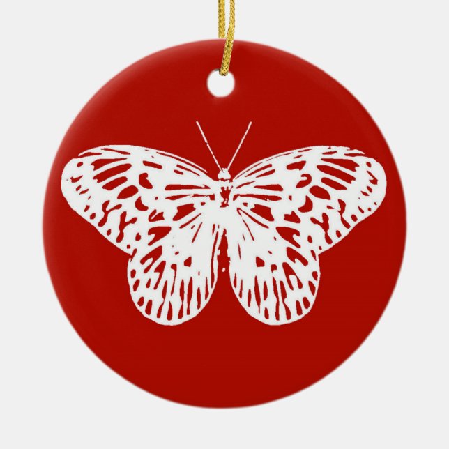 Butterfly sketch, deep red and white ceramic tree decoration (Front)