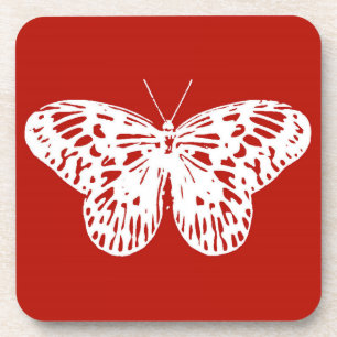 Butterfly sketch, deep red and white coaster