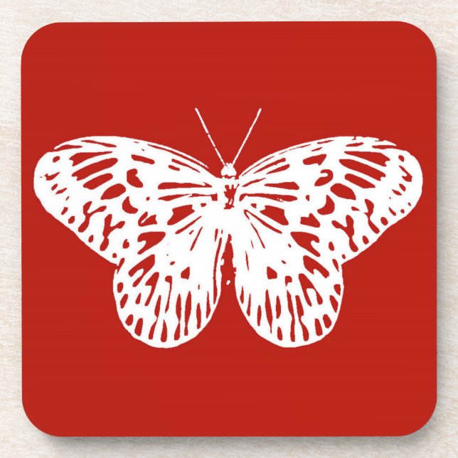 Butterfly sketch, deep red and white coaster (Front)