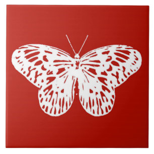 Butterfly sketch, deep red and white tile