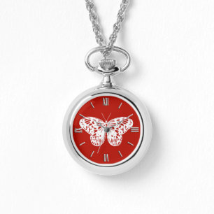 Butterfly sketch, deep red and white watch