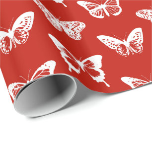Butterfly sketch, deep red and white wrapping paper