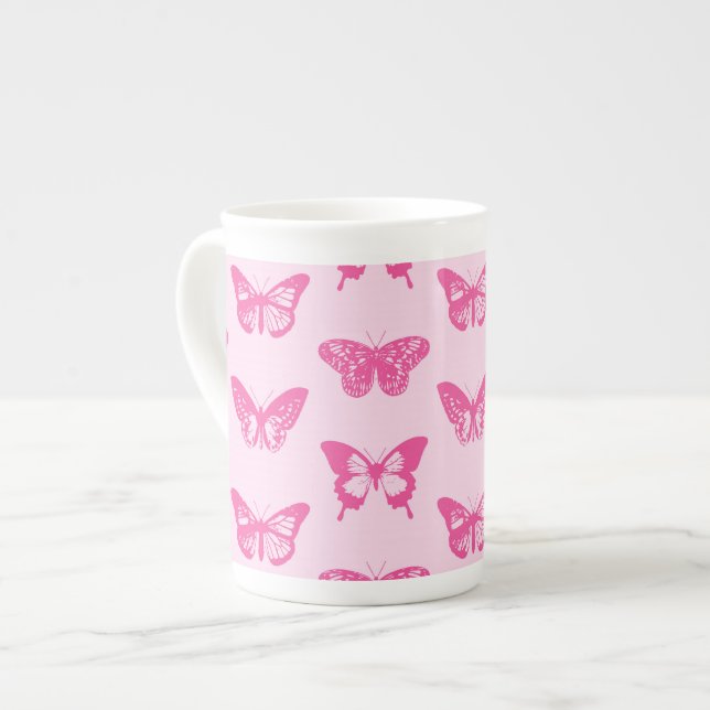 Butterfly sketch, light pink and fuchsia bone china mug (Front Left)