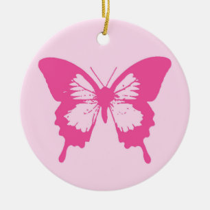 Butterfly sketch, light pink and fuchsia ceramic tree decoration